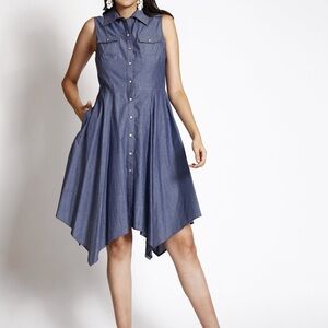 Chetta B Asymmetrical Denim Chambray Blue Dress